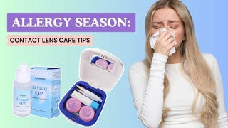Woman sneezing into a tissue beside Dream Eye lubricating drops and an open contact lens travel kit.