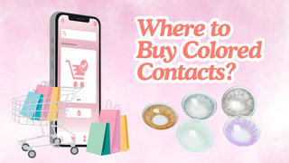 A smartphone, shopping cart, and colored contacts with text about buying colored contacts online.