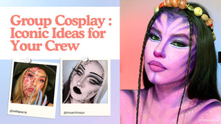 Group cosplay ideas featuring purple alien and horror costume makeup with colored contacts.