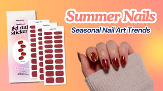 Red chrome nails beside Eyecandys Apple Pie gel nail sticker sheets for summer nail art.