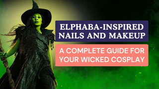 Elphaba inspired makeup guide banner with the green-skinned witch in a black hat beside article title text.