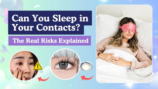 Article banner asking if you can sleep in contacts, showing a woman in bed, a contact lens, and red, irritated eyes.