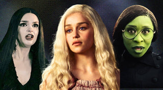 Three halloween costumes with contacts including a vampire, a blonde with purple eyes, and a green witch with glasses.