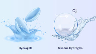 Comparison diagram of hydrogels contact lenses in water and silicone hydrogels with an O2 oxygen symbol.