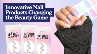 Eyecandys semi-cured gel nail stickers and pastel glitter manicure showcasing nail innovations.
