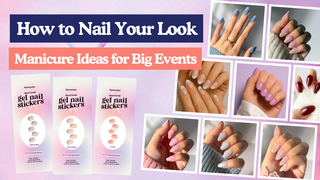 EyeCandys semi-cured gel nail sticker packs beside colorful manicures for event nails.