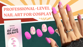 Hand wearing pink and floral cosplay nails next to an Eyecandys semi-cured gel nail stickers pack.