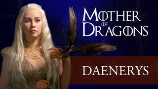 A digitally illustrated depiction of Daenerys Targaryen from Game of Thrones, wearing her signature blue and gold gown with long platinum blonde hair.