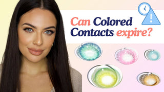 Woman with blue eyes beside text asking can colored contacts expire, next to green, pink, and hazel lenses.
