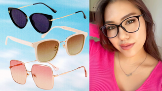 Woman wearing black cat eye glasses alongside three pairs of sunglasses.