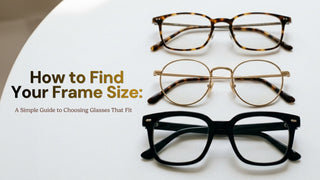 Three pairs of eyeglasses in different frame sizes laid flat on a white surface, illustrating how glasses frame size varies by lens width and style