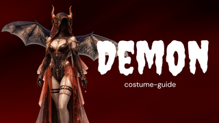 Demon cosplay guide banner featuring a hooded horned demoness with bat wings beside white Demon text.
