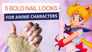 Anime-inspired nail look featuring soft pink almond nails with Sailor Moon illustration, perfect for cosplay and bold character styles.