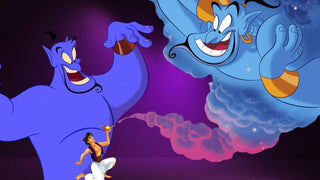 Genie from Disney’s Aladdin with blue skin, gold accessories, and magical appearance