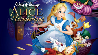 Walt Disney Alice in Wonderland artwork featuring Alice in a blue dress with the White Rabbit and Mad Hatter.