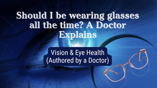 Blue graphic showing rose gold eyeglasses and text asking about wearing glasses all the time.