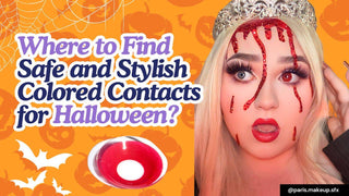 Woman in bloody Halloween makeup wearing a red lens beside text about safe colored contacts for Halloween.