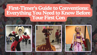 First-timer convention guide banner showing cosplayers dressed as Harley Quinn, La Muerte, and Rapunzel.