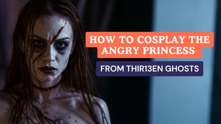 The Angry Princess from Thir13en Ghosts with facial slashes and dark eye makeup next to cosplay guide text.
