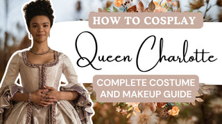 Cosplay guide for a Queen Charlotte Bridgerton costume featuring an ornate cream gown with ruffled sleeves.