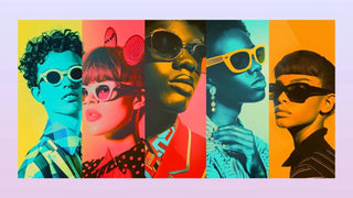 Five colorful panels feature people wearing different retro sunglasses against bright monochrome backgrounds.
