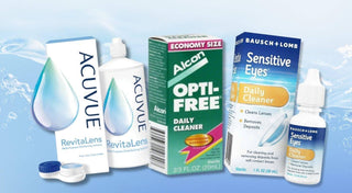 Acuvue, Alcon, and Bausch + Lomb solutions for cleaning contact lenses beside a small lens case.