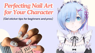 Pale blue nail stickers with pearl charms held beside a blue-haired anime character.