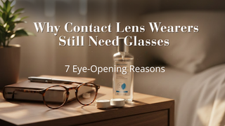 Tortoiseshell glasses, a contact lens case, and solution bottle on a wooden bedside table.