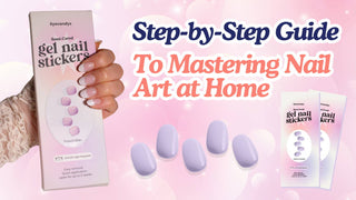 Hand holding Eyecandys semi-cured gel nail stickers beside lavender nails for a guide to nail art at home.
