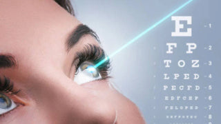 A cyan laser beam shines onto a woman's eye with a Snellen eye chart in the background.