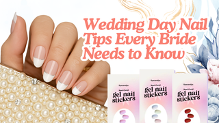 A hand with French tip wedding day nails holding a pearl clutch next to Eyecandys gel nail stickers.