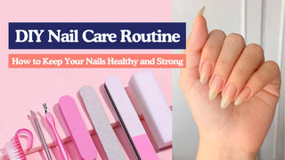 Manicure tools and a hand with long natural nails for a nail care routine.