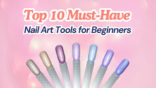 Top 10 Must-Have Nail Art Tools for Beginners text above colorful nail swatch sticks on a pink background.