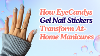 Light blue almond nails with pearls beside text on how EyeCandys gel stickers transform at-home manicures.