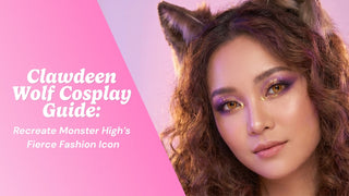 Clawdeen Wolf Monster High cosplay with golden contacts purple eyeshadow and curly brown hair