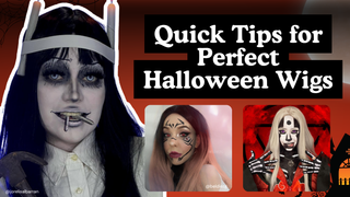 Three cosplay makeup looks with a halloween wig beside text reading Quick Tips for Perfect Halloween Wigs.