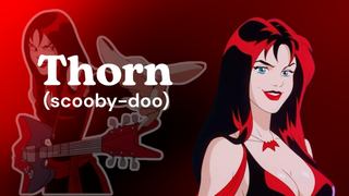 Animated illustration of Thorn from Scooby-Doo with black and red hair, blue eyes, and a red guitar.