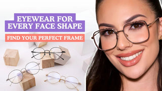Smiling woman wearing square metal glasses beside three round wire frames arranged on wooden blocks.