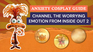 Cosplay guide banner showing Anxiety from Inside Out beside glowing memory orbs on an orange background.