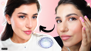 A side-by-side comparison of a woman wearing blue circle lenses and her natural brown eyes.