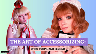 Two cosplayers showcase elements of cosplay with styled wigs, a crown, and themed maid accessories.