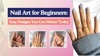 Nail art for beginners showing pearl-embellished grey almond nails and glittery manicure designs.