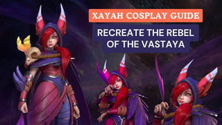 Xayah cosplay guide banner featuring Xayah with red hair, animal ears, yellow eyes, and a purple cloak.