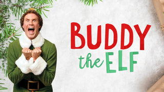 Will Ferrell wears a green buddy the elf costume with white fur trim beside Buddy the Elf text.