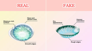 Infographic contrasting real lenses with fake contact lenses by edge smoothness, color vibrancy, and moisture.