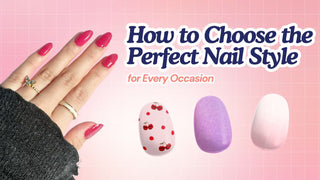 Pink glitter nails beside cherry, purple, and ombre nail tips with text on how to choose the right nail style.