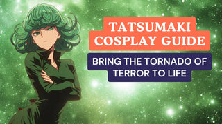 Tatsumaki cosplay guide banner with anime character Tatsumaki in a green dress against a starry green background.