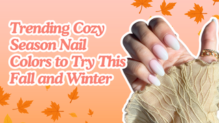 Hand with almond pink ombre nails beside fall and winter nail colors title against autumn leaves.