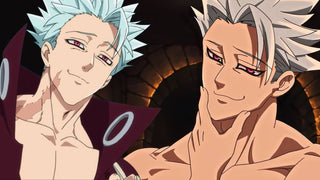 Ban from Seven Deadly Sins smirking with spiky pale blue hair, red eyes, and a neck scar.
