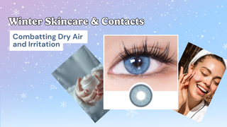 Winter skincare and colored contacts guide with a blue eye lens, moisturizer jar, and a woman applying face cream.